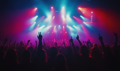 Crowd of fans silhouetted against vibrant stage lights, creating lively atmosphere filled with excitement and energy