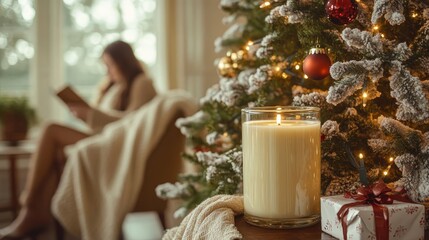 Cozy scene with candle by Christmas tree.