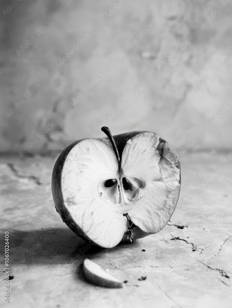 Poster this is a close-up image of an apple on a surface with natural light, emphasizing the texture and co