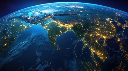 Night-time satellite image of Earth showing urban development and geographical features.