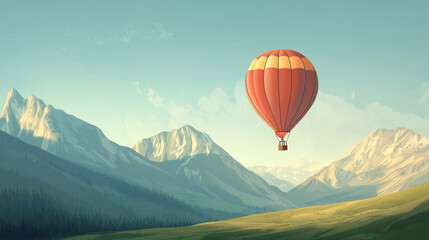 Obraz premium A vibrant vector illustration of a hot air balloon soaring through the sky against a stunning mountain landscape. The balloon floats gracefully over lush green fields, with towering, majestic mountain