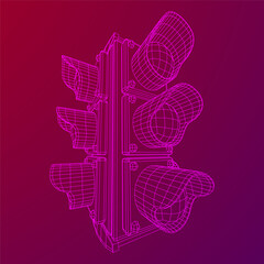 Traffic light with three lights. Wireframe low poly mesh vector illustration.