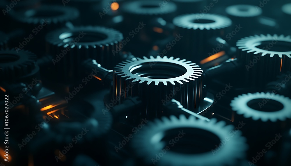 Poster a close-up view of metallic gears with intricate teeth, showcasing reflections and a dark background