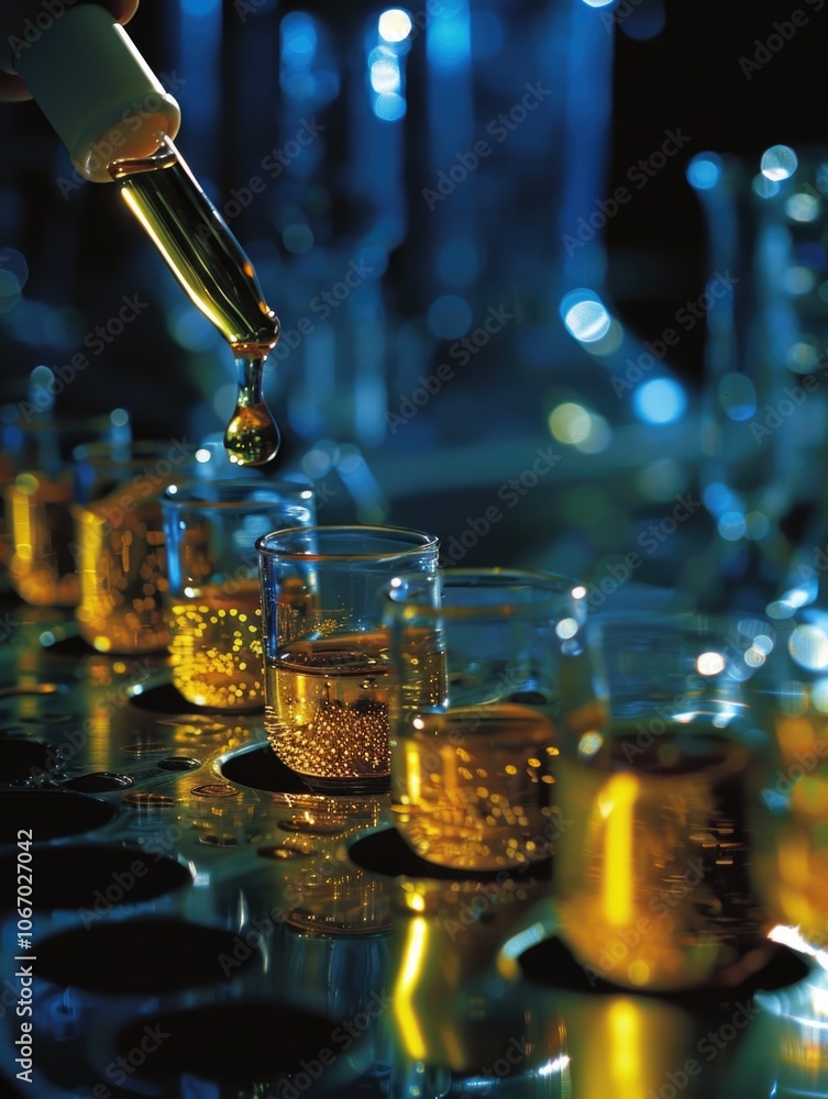 Poster scientific process of transferring a liquid from one container to another using precision equipment.