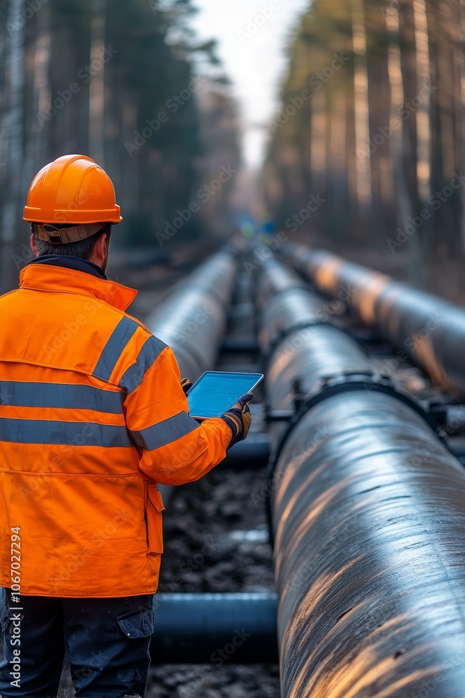 Poster engineer inspecting pipeline infrastructure ensuring energy security and safety standards