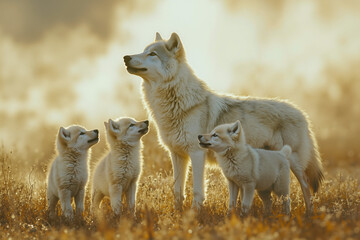 Obraz premium A mother wolf and her three cubs standing in a field of tall grass
