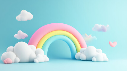 A beautiful 3D illustration of fluffy summer clouds set against a vibrant blue sky, featuring a realistic 3D rainbow arching across the scene. This whimsical design is perfect for children’s content, 