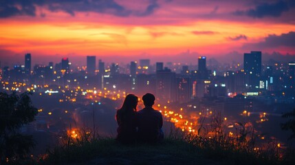 Silhouette of a Couple Sitting on a Hilltop Overlooking a City at Sunset