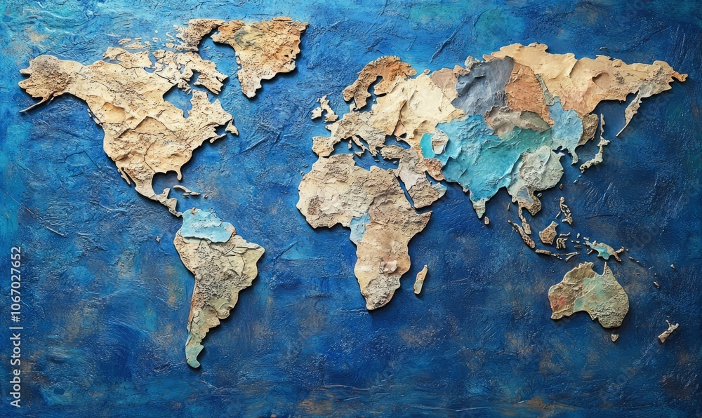 Aufkleber creative representation of world map made from textured materials, showcasing continents in unique a