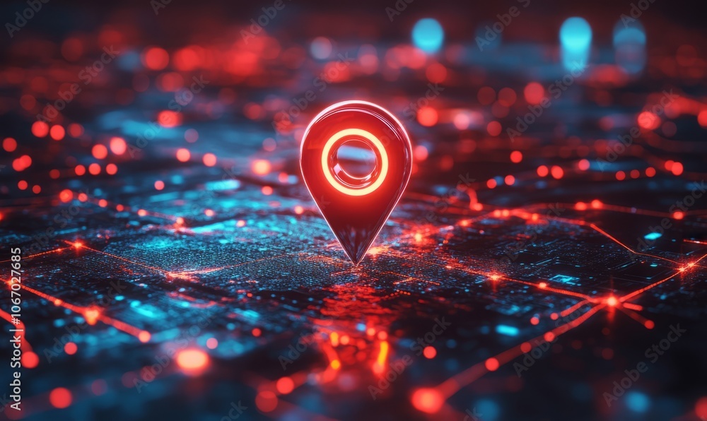 Poster digital map pointer on a network background, highlighting location tracking technology