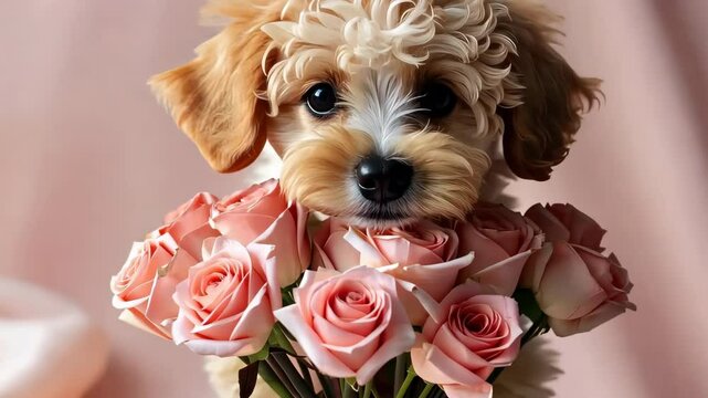 Adorable puppy gives a bouquet of flowers of pink roses. Greeting card