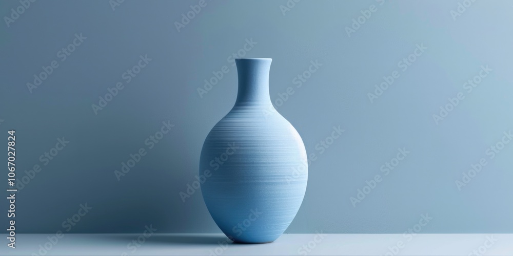 Poster blue vase sits on a table. the vase is empty and the table is empty