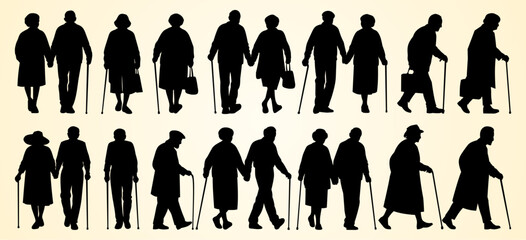 Silhouettes of elderly people walking with canes, portraying companionship and aging.
