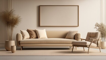  A low, minimalist sofa and lounge chair in muted earth tones, backed by a large, empty frame