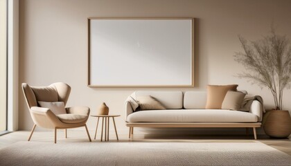  A minimalist lounge chair and sofa in soft, muted tones against a textured concrete wall, wi 