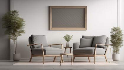 A minimalist lounge chair and sofa in soft, muted tones against a textured concrete wall, wi 