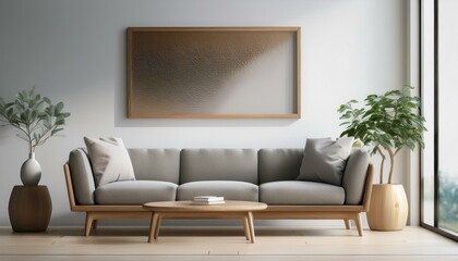 A sleek grey lounge chair and low-profile sofa placed against a white wall, with a large woo