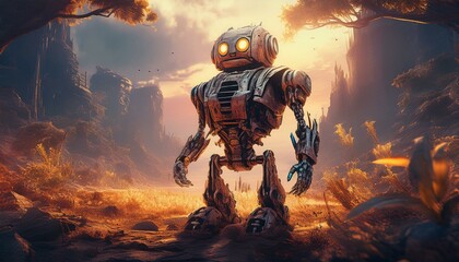 Create a high-definition image of a vintage-style robot standing alone in a lush, beautiful