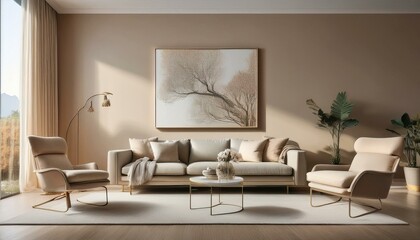 Elegant living room with a minimalist taupe sofa and matching lounge chair, set against a wa