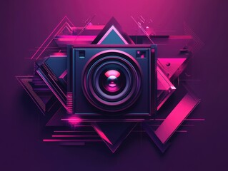 Naklejka premium Camera is shown in a colorful, abstract design. The camera is surrounded by triangles and squares, giving it a modern and artistic look. Scene is playful and creative