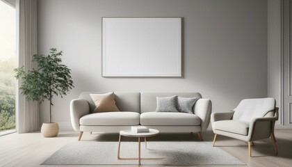 Neutral-colored sofa and a single lounge chair in a minimalist living room, set against a li 