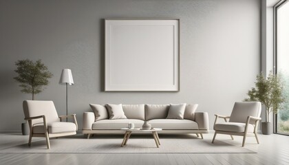 Fototapeta premium Neutral-colored sofa and a single lounge chair in a minimalist living room, set against a li 