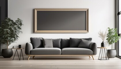 Simple and elegant living room with a single dark grey lounge chair next to a matching sofa, 