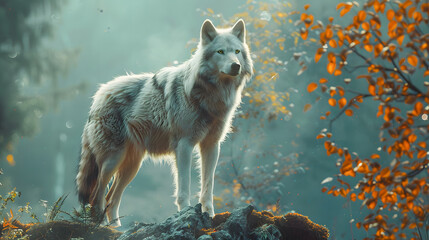 Portrait of a wolf in a forest. The wolf is facing the camera and has a neutral expression 