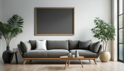 Simple and elegant living room with a single dark grey lounge chair next to a matching sofa, 