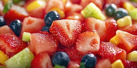 Close-up of a vibrant fruit salad with an assortment of fresh, colorful fruits and vegetables...