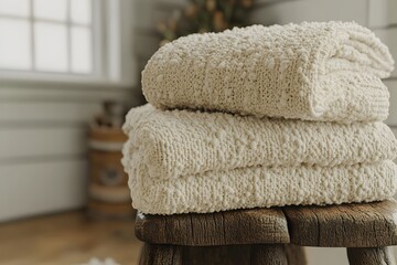 Soft, folded towels resting on a rustic wooden stool, enhancing a cozy atmosphere. - Powered by Adobe