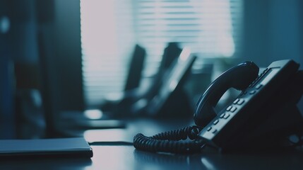 Close-up, soft focus on telephone devices with a copy space background, set on an office desk in a customer service support room—ideal for call center concepts.