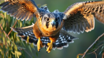 A peregrine falcon soaring through the sky with its wings spread wide.