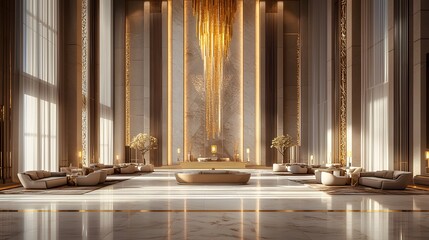 A Minimalist Luxury Hotel Lobby in Super Realistic 3D with Plush Seating and a Majestic Golden Chandelier