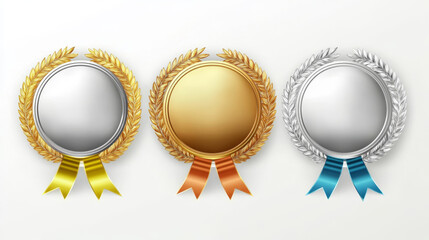 A realistic vector illustration of golden, silver, and bronze sports medals on ribbons