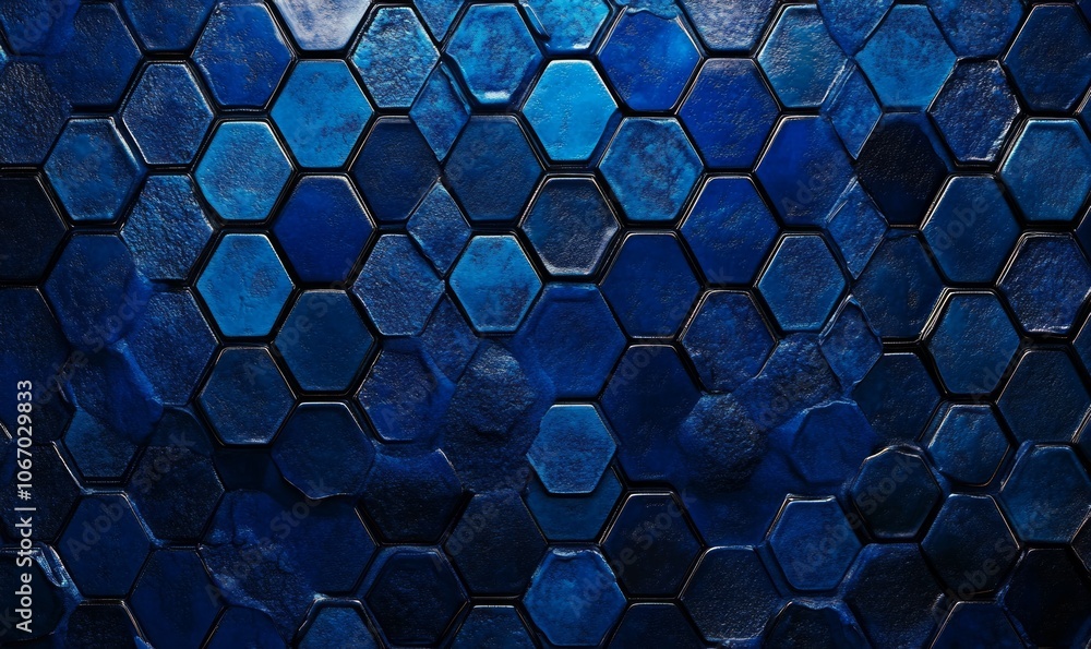 Poster dark blue hexagons, bright mesh pattern. created using generative artificial intelligence technology
