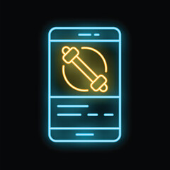 Neon sign representing a smartphone displaying a fitness app with a rotating dumbbell, perfect for gym and workout topics