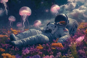 Astronaut lying in flower field surrounded by jellyfish, surreal cosmic scene