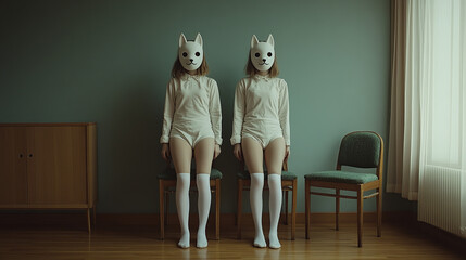 Two figures in white suits with cat masks stand motionless, illuminated by natural light. The walls of the old room emphasize their strangeness.