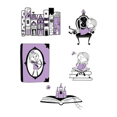 Princess from the fairy tale book. Black and purple sketch illustration