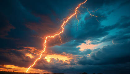 A mesmerizing lightning bolt dramatically cracks through the sky, illuminating the dark clouds during a powerful storm. This striking natural phenomenon captures the essence of the atmosphere.