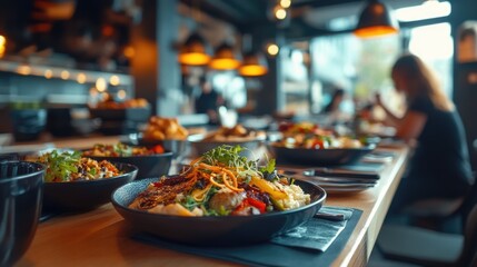 Obraz premium Colorful and healthy plates of food on a table in an eatery, ready to be enjoyed.