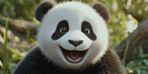 Obraz premium Panda laughing with open mouth, joyful expression, lush green environment.