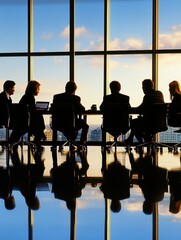 Silhouetted business team in a modern boardroom against a sunset skyline.