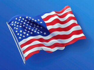 Fototapeta premium American flag waving against blue background. Symbolizes patriotism, freedom, and unity.