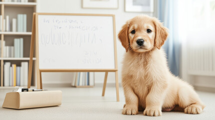 cozy environment featuring puppy next to whiteboard, radiating warmth and joy