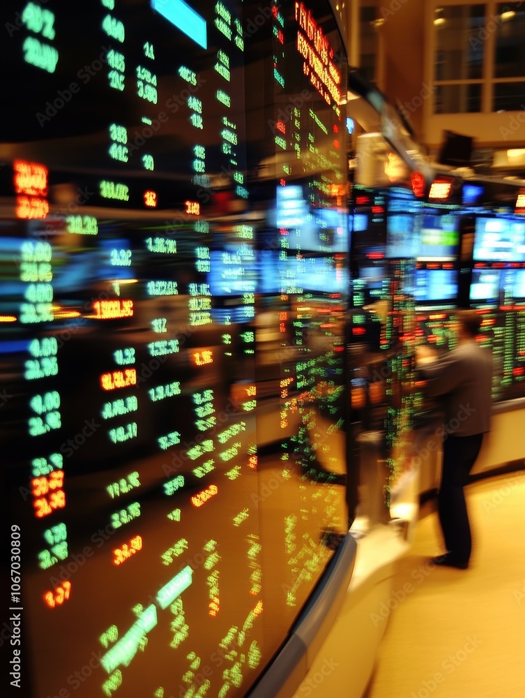 Poster a focused male trader examining vibrant stock market data on multiple screens.