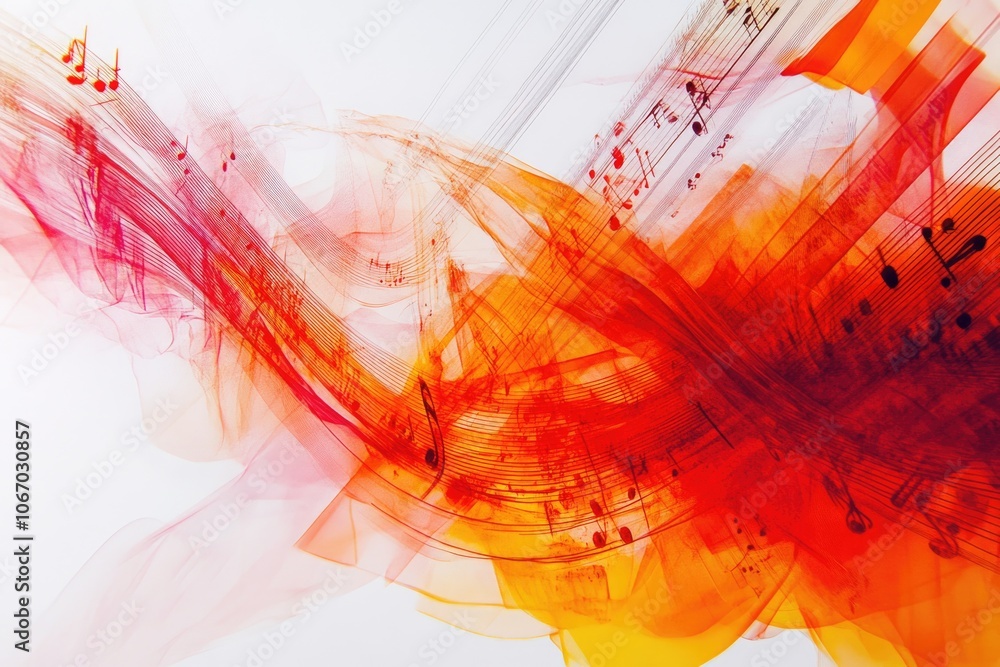 Fototapete dynamic digital abstract with vibrant red and orange splattering music notes. creative background fo