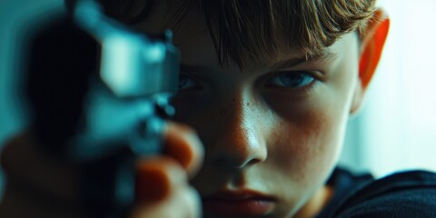 Young boy is holding a gun and looking at the camera. Concept of danger and fear, as the boy is holding a weapon that is typically associated with violence. The boy's expression is serious