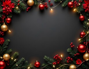 Elegant Holiday Border with Pine Branches, Red Ornaments, Golden Glitter Balls, and String Lights on Dark Matte Background